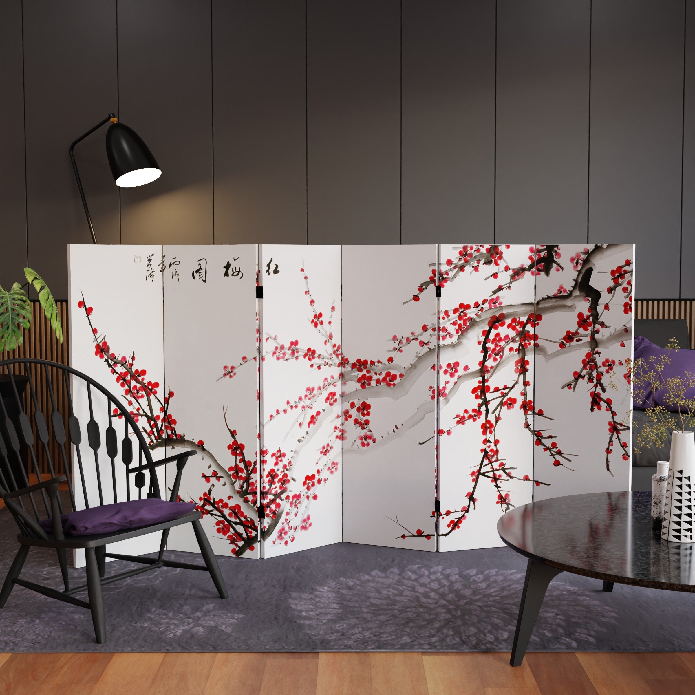 Buy 4 ft. Short Double Sided Plum Blossom Canvas Folding Screen