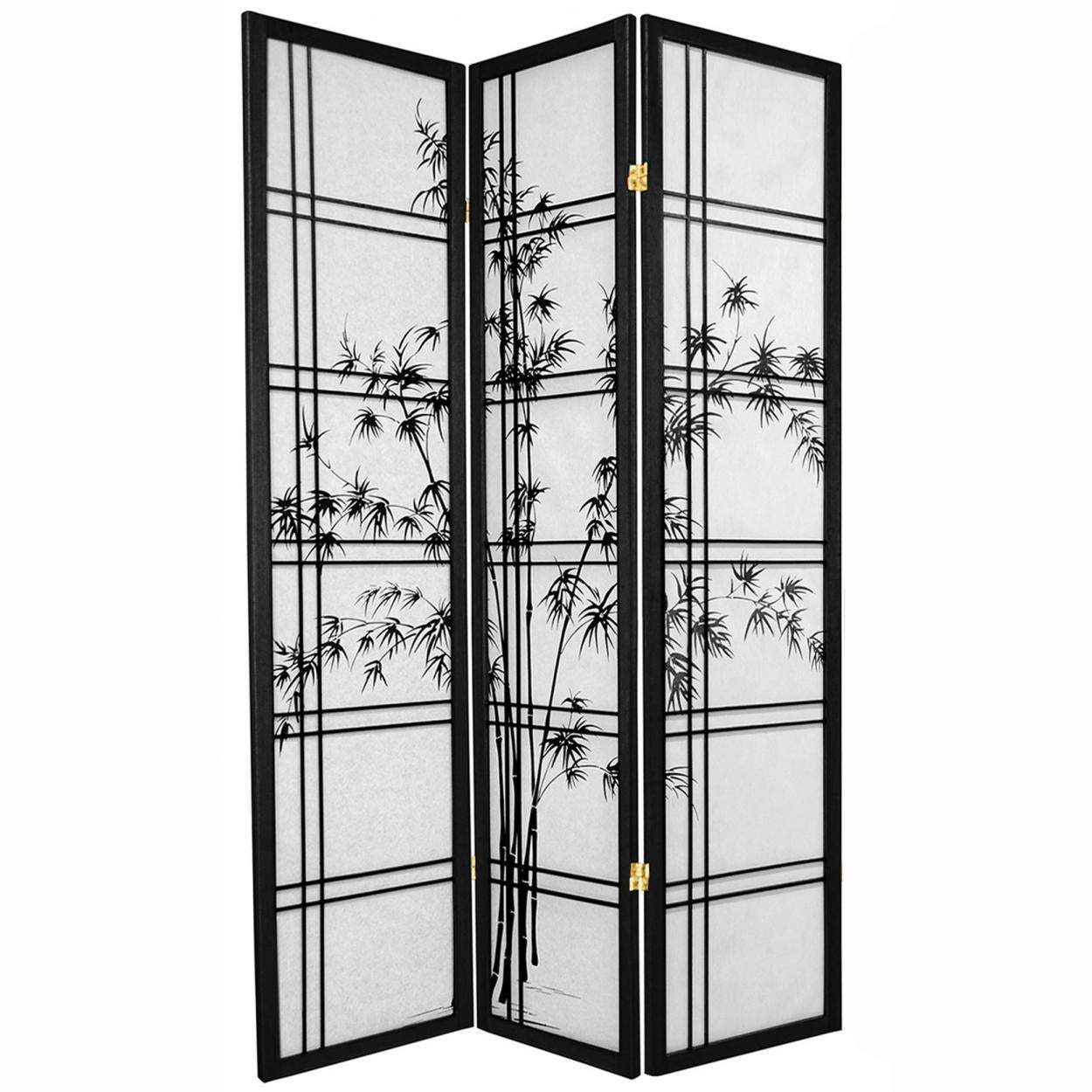 Oriental Furniture 6 ft Tall Double Cross Bamboo Tree Shoji Screen, 3 Panel, Black