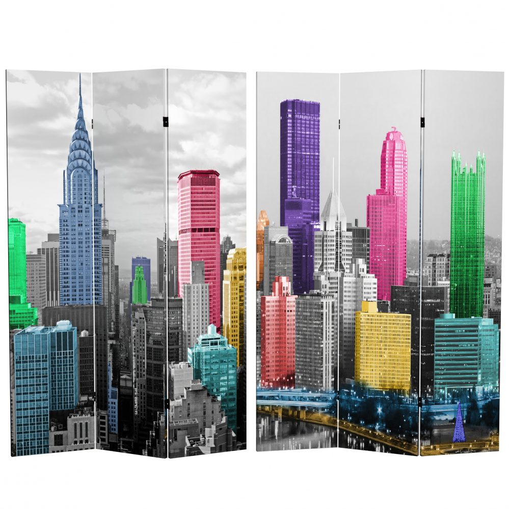 Unique colorized skyscrapers in classic New York cityscapes. Printed